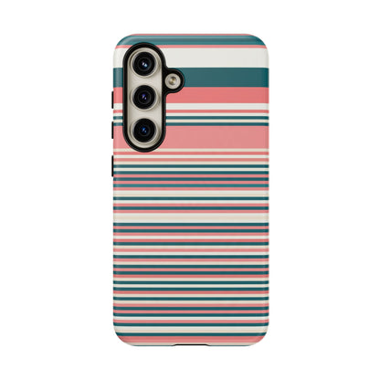 Striped Tough Phone Case — Coral, Teal & White Protective Cover