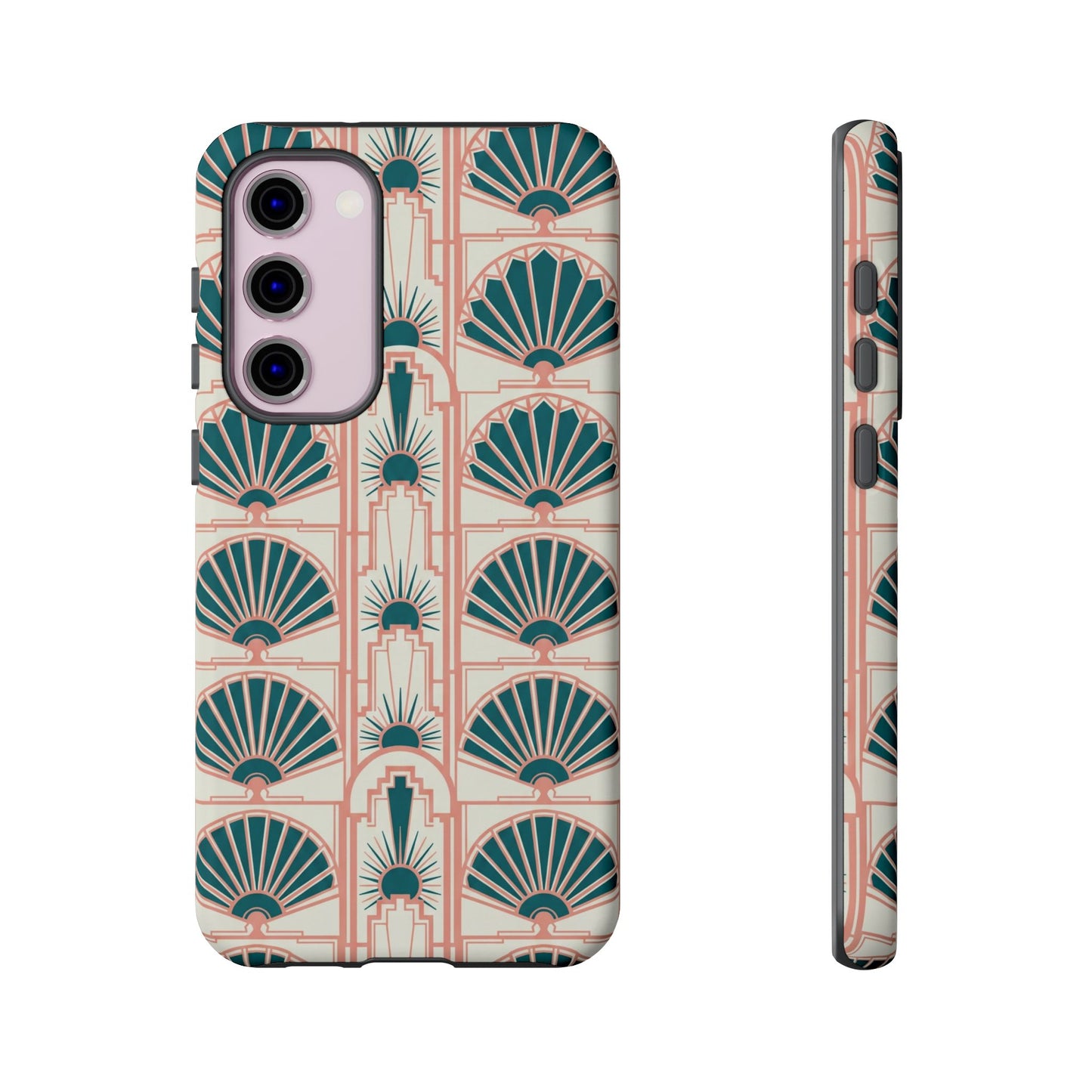 Art Deco Fan Pattern Tough Phone Case — Teal & Blush Retro Protection