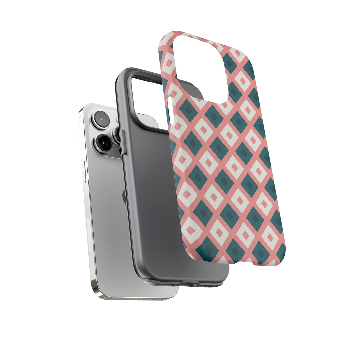 Geometric Diamond Pattern Tough Phone Case — Pink & Teal Protective Cover