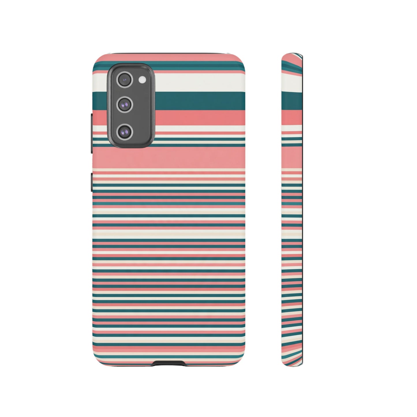 Striped Tough Phone Case — Coral, Teal & White Protective Cover