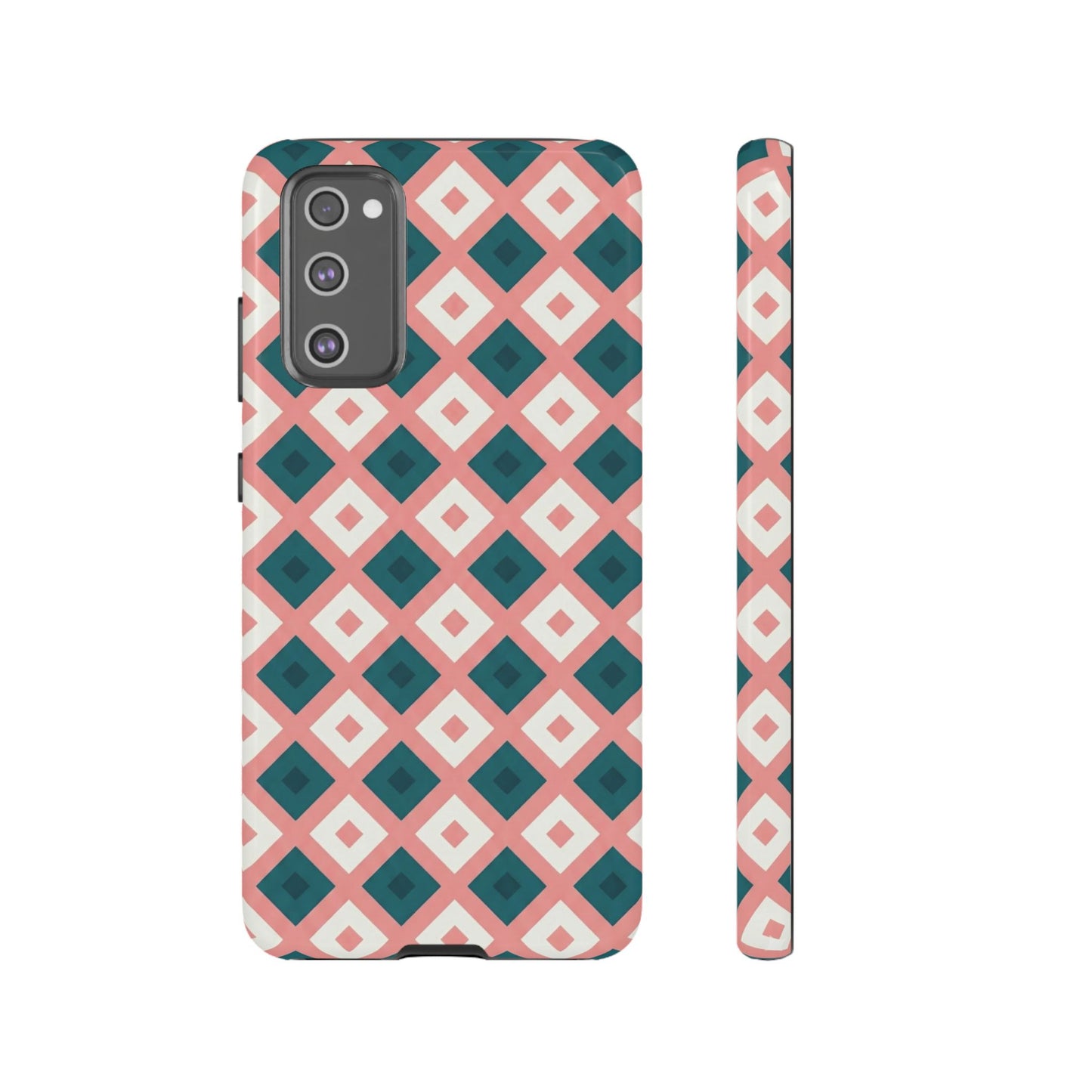 Geometric Diamond Pattern Tough Phone Case — Retro Pink & Teal Protective Cover