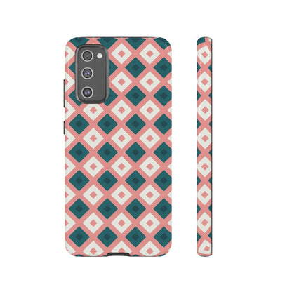 Geometric Diamond Pattern Tough Phone Case — Retro Pink & Teal Protective Cover
