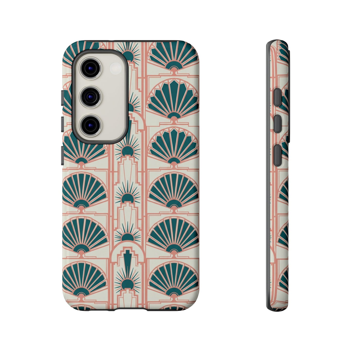 Art Deco Fan Pattern Tough Phone Case — Teal & Blush Retro Protection