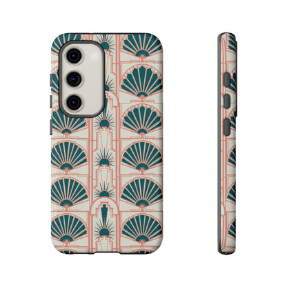 Art Deco Fan Pattern Tough Phone Case — Teal & Blush Retro Protection