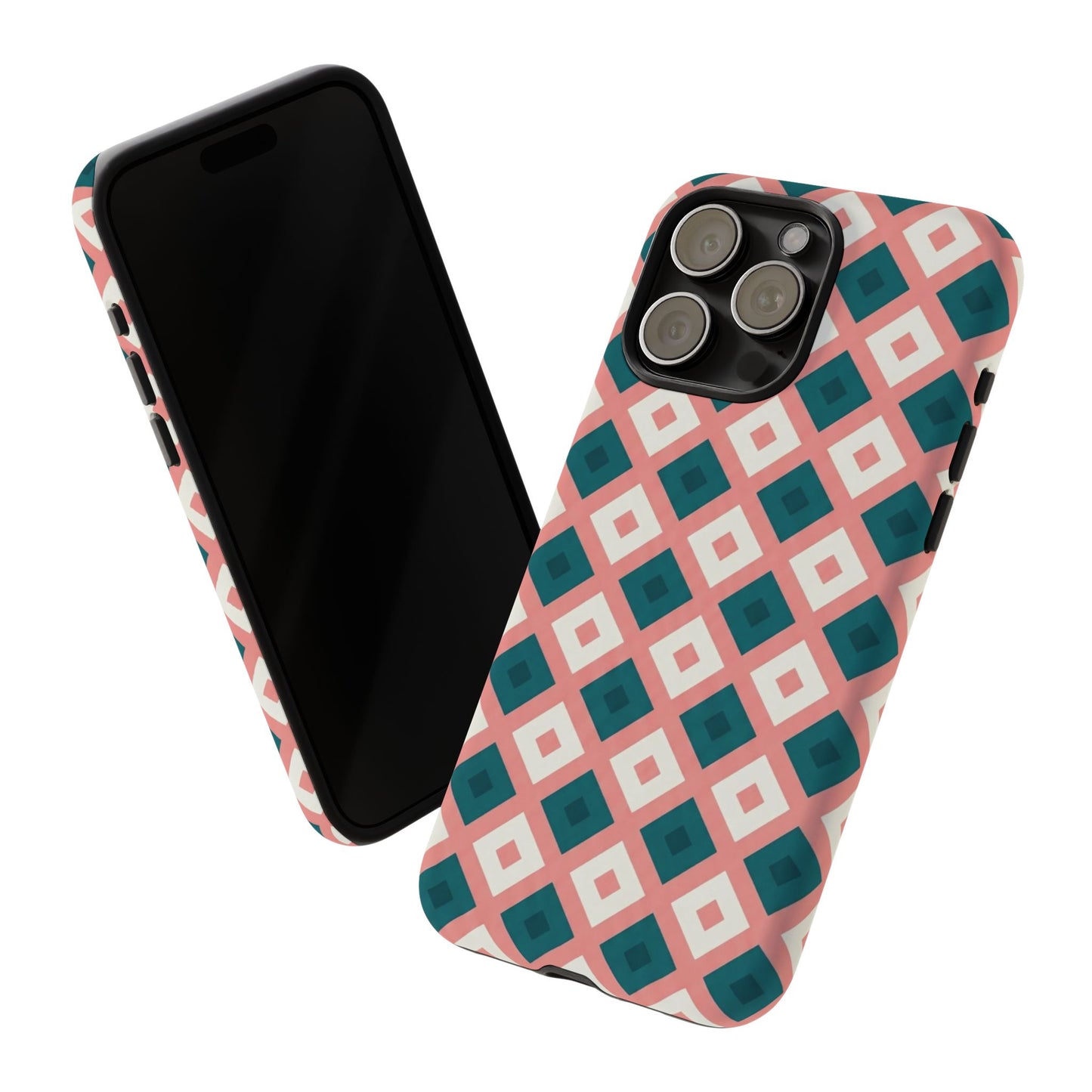 Geometric Diamond Pattern Tough Phone Case — Pink & Teal Protective Cover