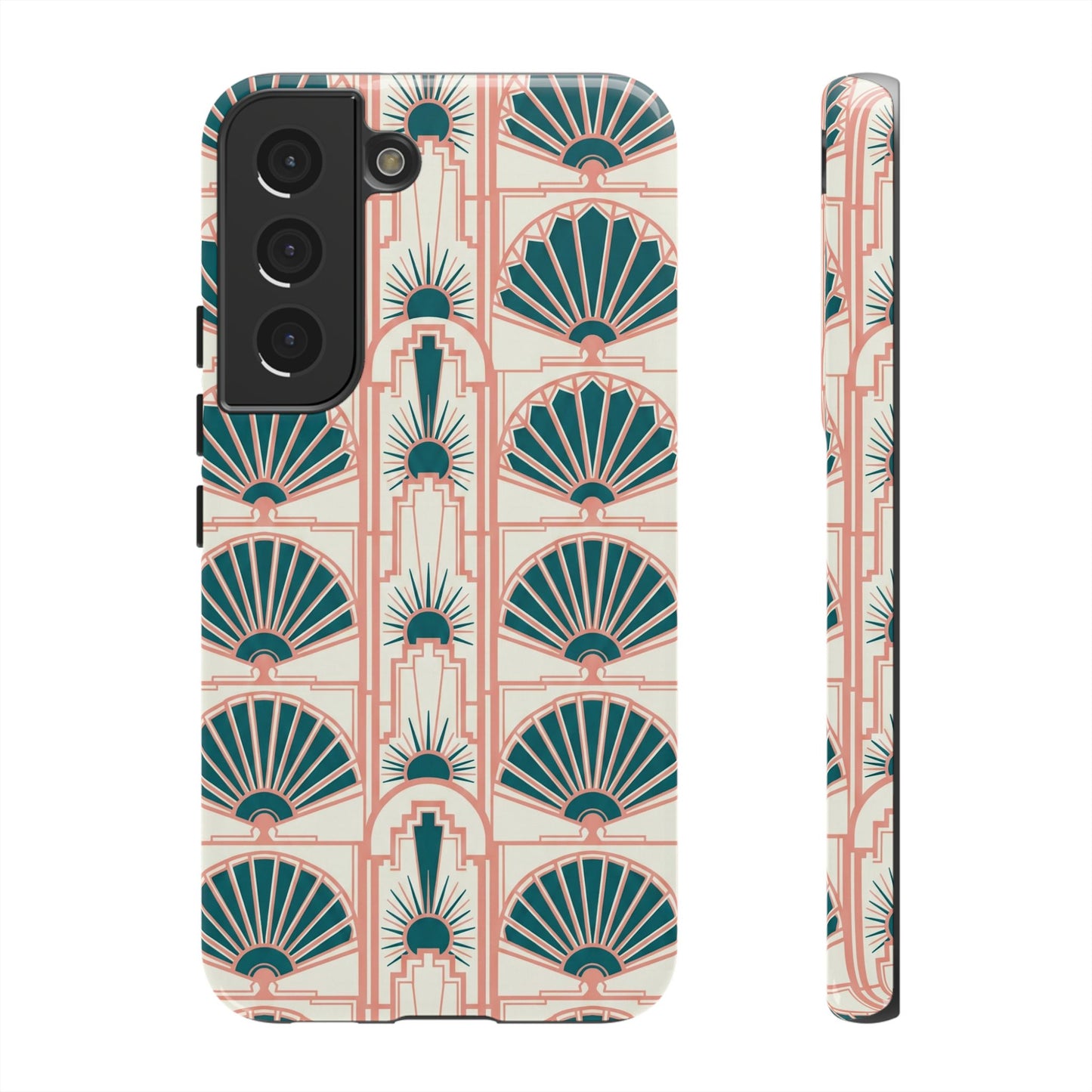 Art Deco Fan Pattern Tough Phone Case — Teal & Blush Retro Protection