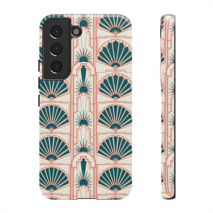 Art Deco Fan Pattern Tough Phone Case — Teal & Blush Retro Protection