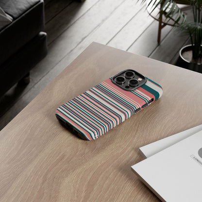 Striped Tough Phone Case — Coral, Teal & White Protective Cover