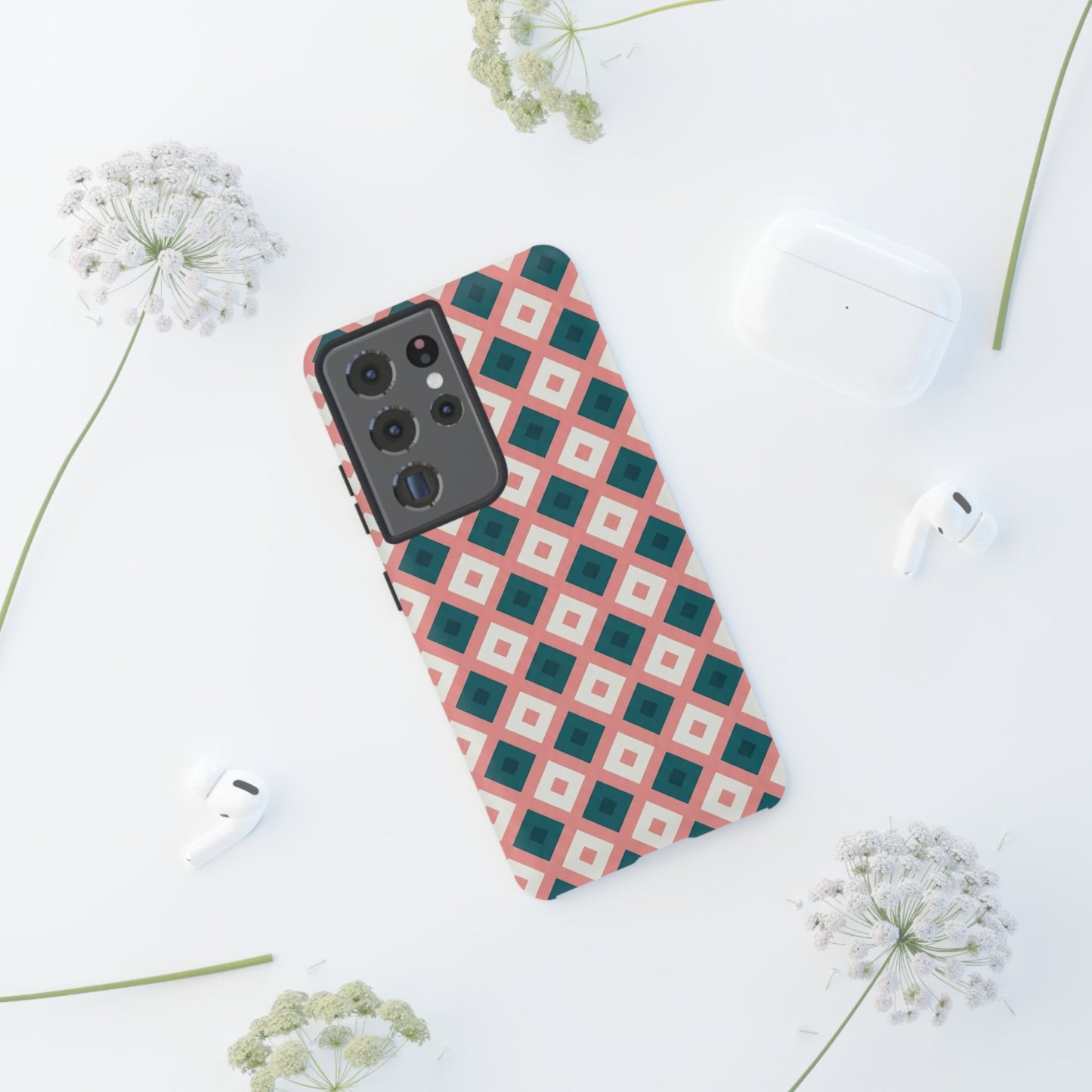 Geometric Diamond Pattern Tough Phone Case — Retro Pink & Teal Protective Cover