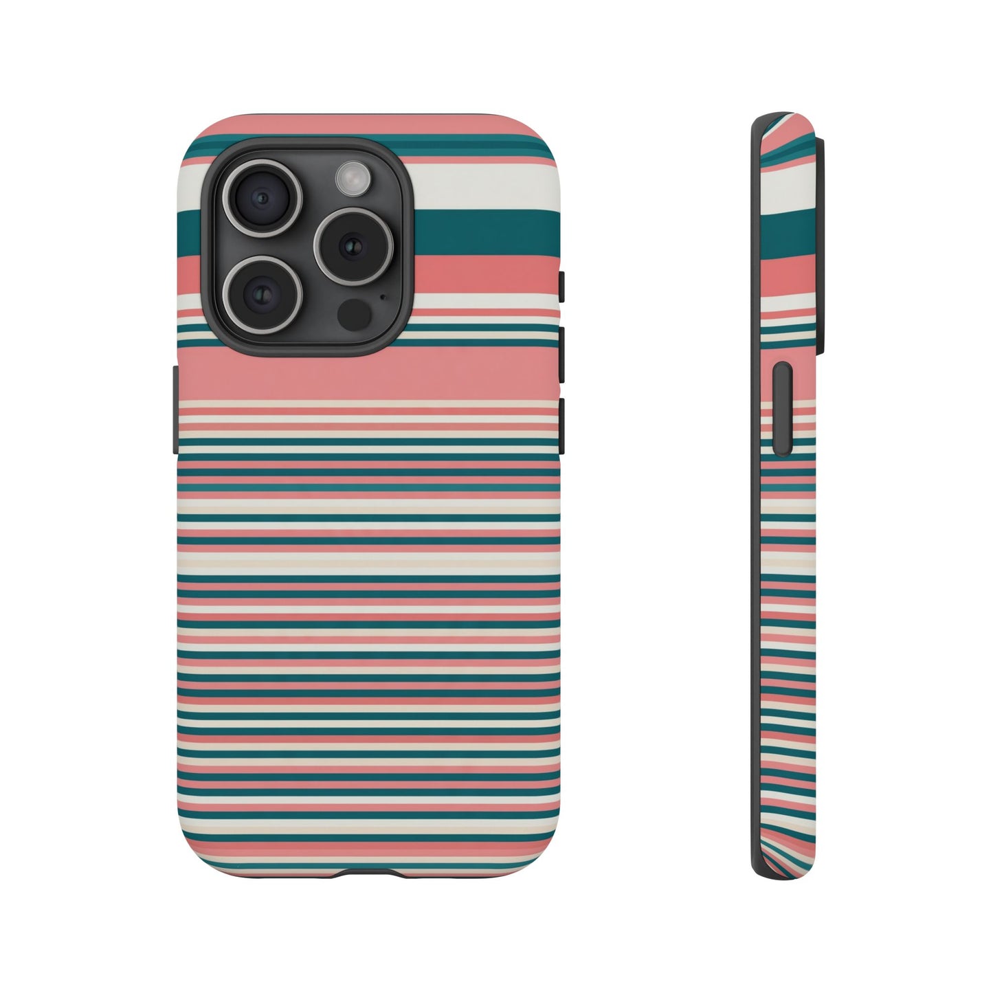 Striped Tough Phone Case — Coral, Teal & White Protective Cover
