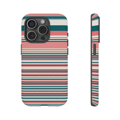 Striped Tough Phone Case — Coral, Teal & White Protective Cover