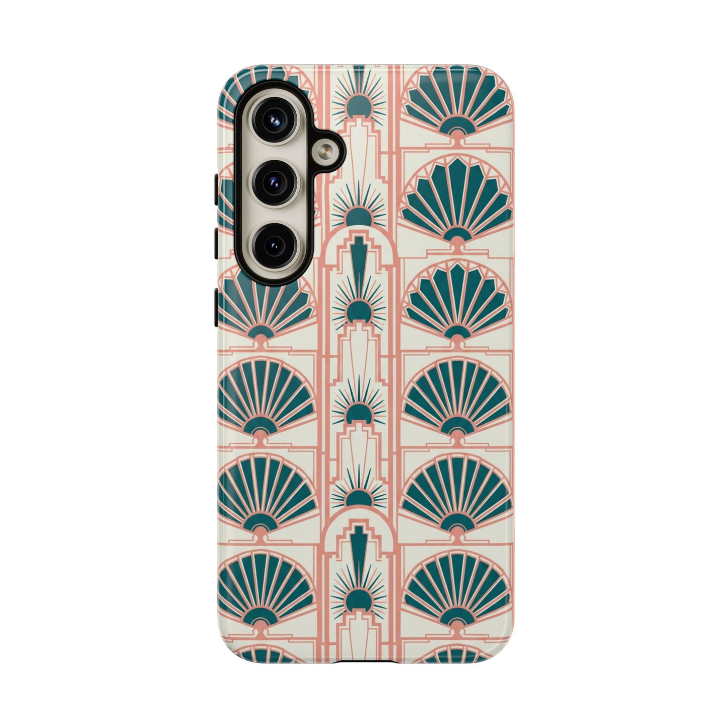 Art Deco Fan Pattern Tough Phone Case — Teal & Blush Retro Protection