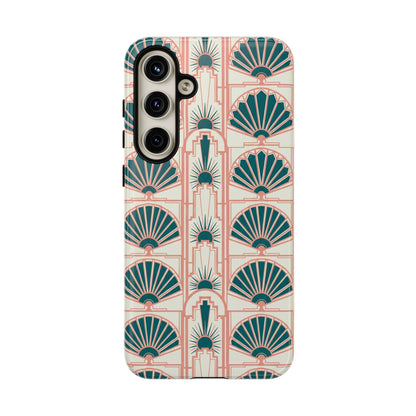 Art Deco Fan Pattern Tough Phone Case — Teal & Blush Retro Protection