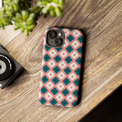Geometric Diamond Pattern Tough Phone Case — Pink & Teal Protective Cover