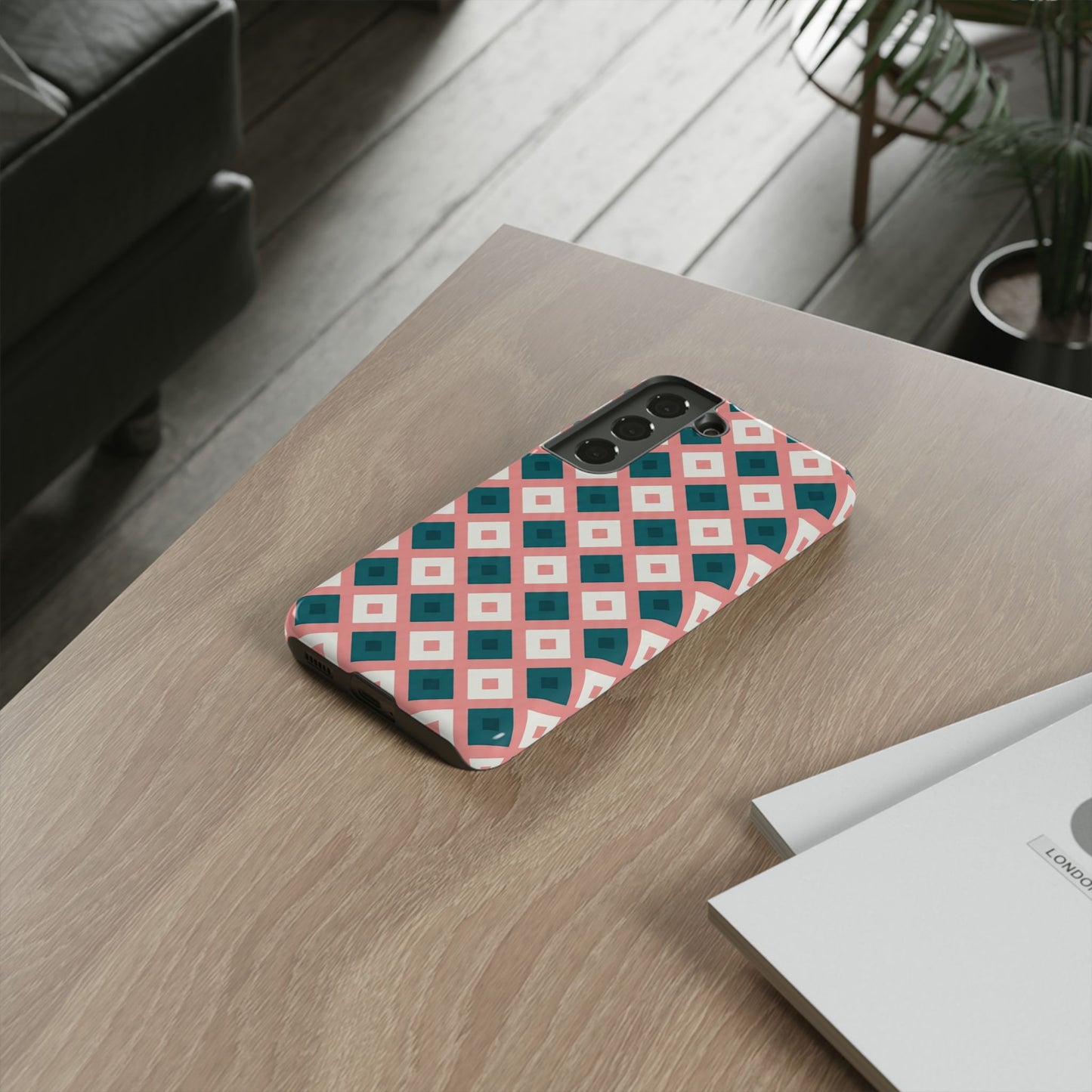 Geometric Diamond Pattern Tough Phone Case — Retro Pink & Teal Protective Cover