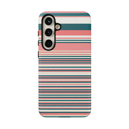 Striped Tough Phone Case — Coral, Teal & White Protective Cover