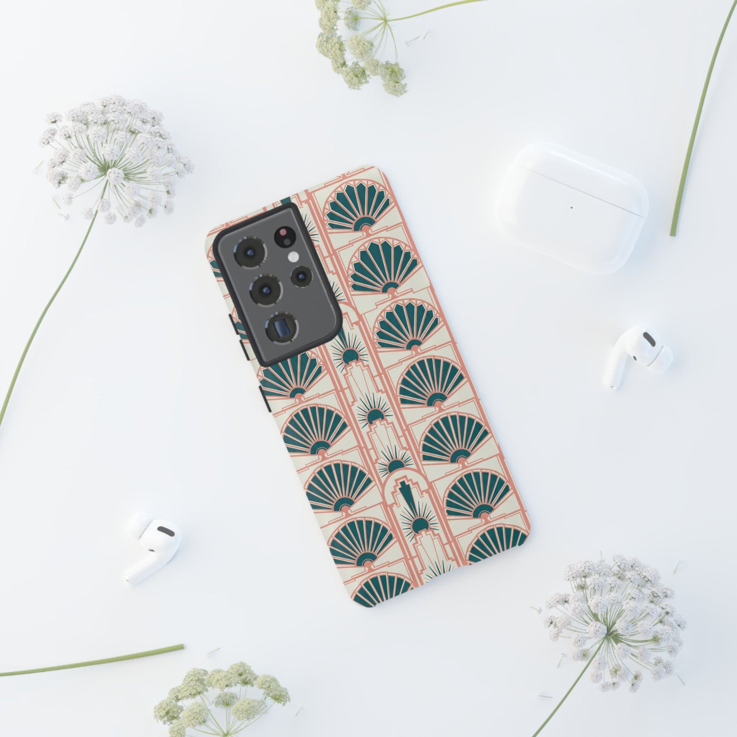 Art Deco Fan Pattern Tough Phone Case — Teal & Blush Retro Protection