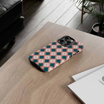 Geometric Diamond Pattern Tough Phone Case — Pink & Teal Protective Cover