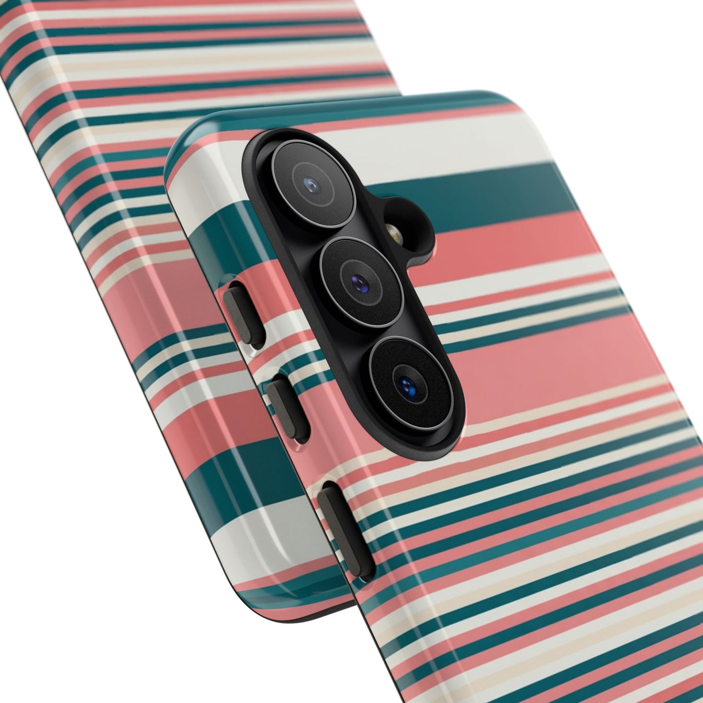 Striped Tough Phone Case — Coral, Teal & White Protective Cover