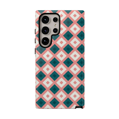 Geometric Diamond Pattern Tough Phone Case — Retro Pink & Teal Protective Cover