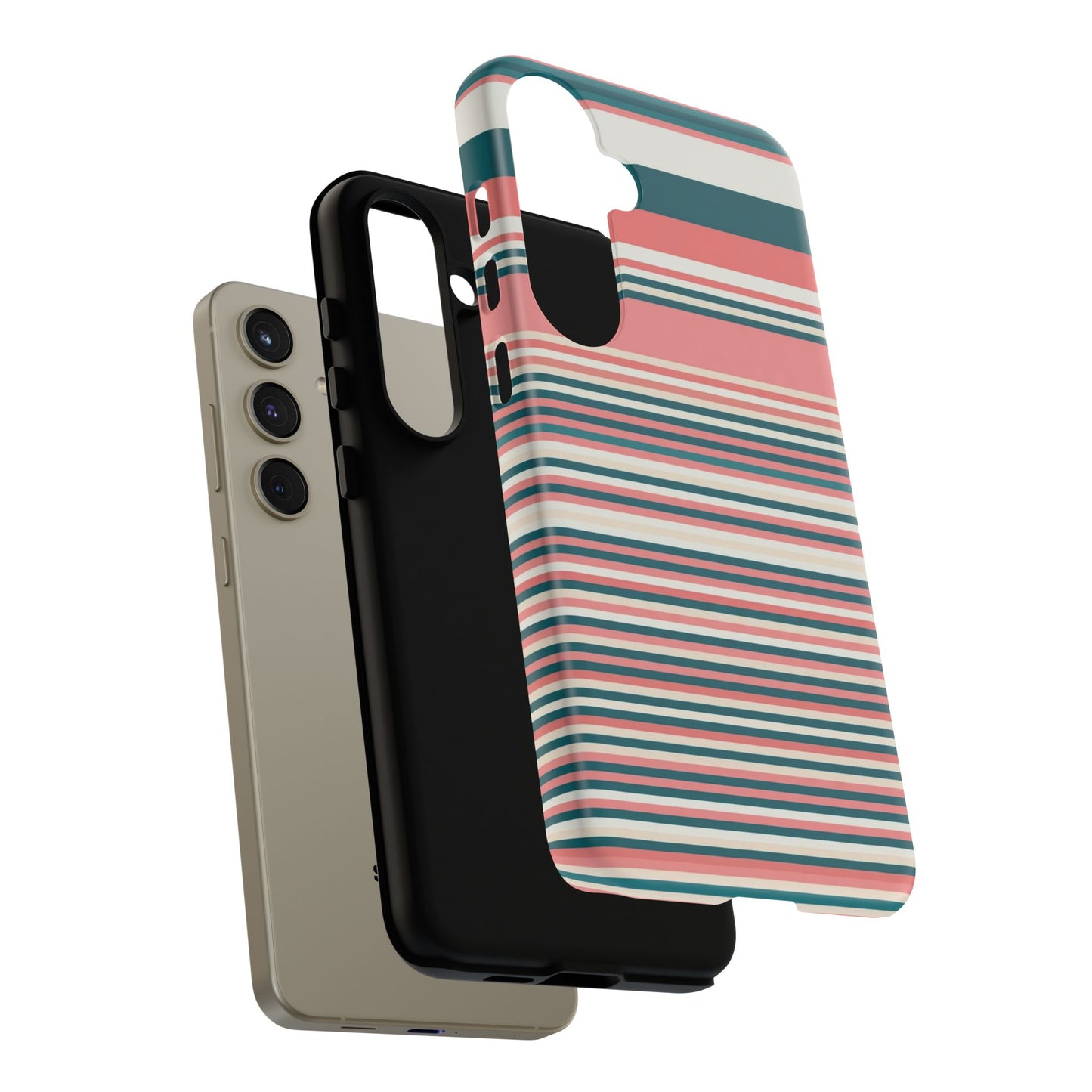 Striped Tough Phone Case — Coral, Teal & White Protective Cover