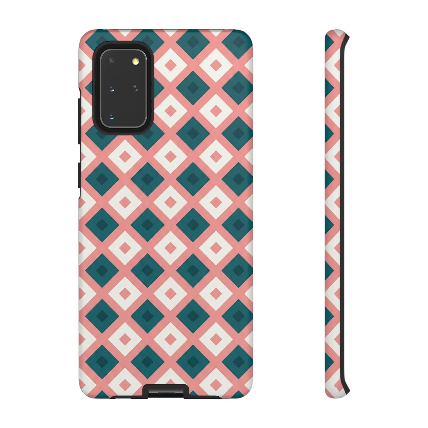 Geometric Diamond Pattern Tough Phone Case — Retro Pink & Teal Protective Cover
