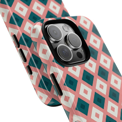 Geometric Diamond Pattern Tough Phone Case — Pink & Teal Protective Cover