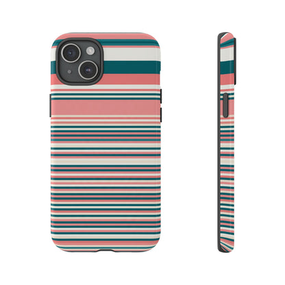 Striped Tough Phone Case — Coral, Teal & White Protective Cover