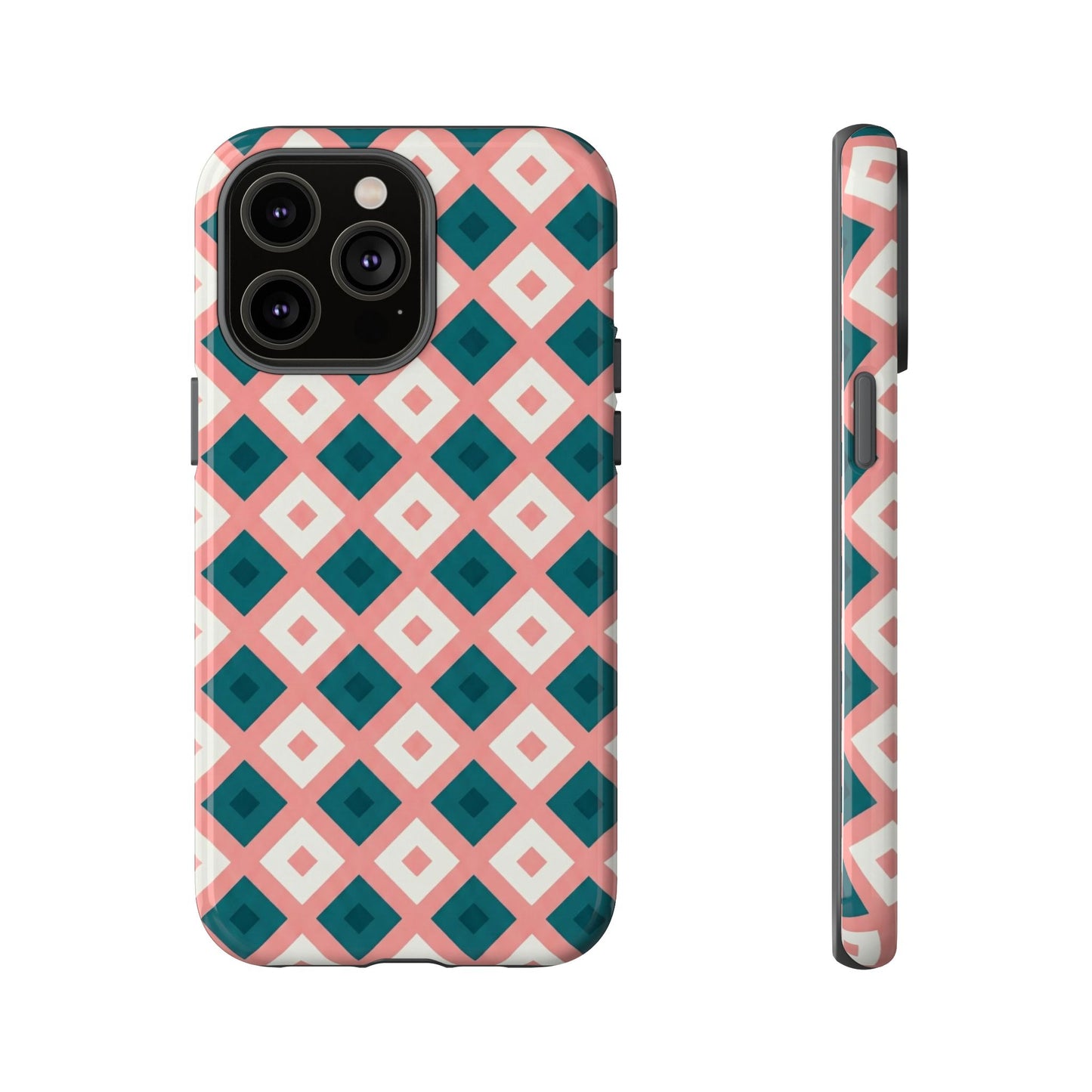 Geometric Diamond Pattern Tough Phone Case — Pink & Teal Protective Cover