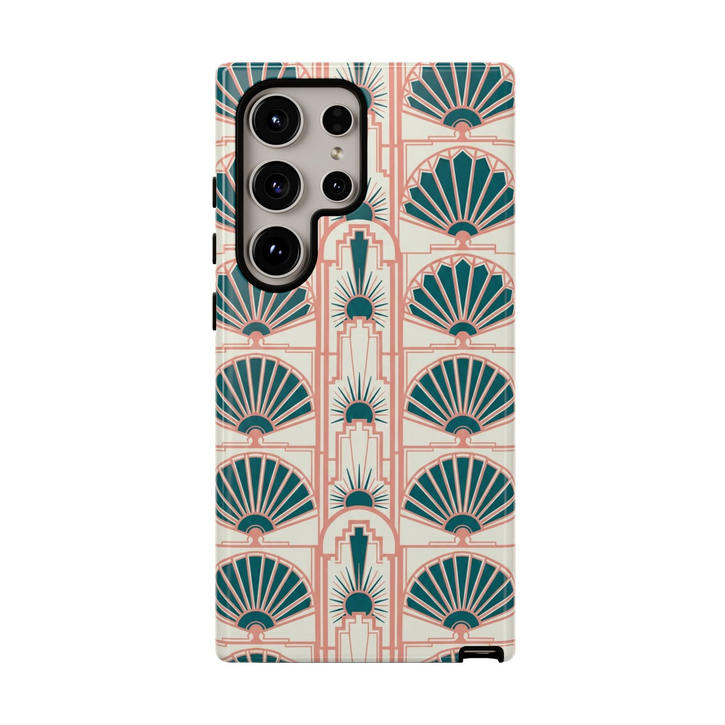 Art Deco Fan Pattern Tough Phone Case — Teal & Blush Retro Protection
