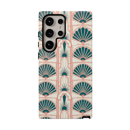 Art Deco Fan Pattern Tough Phone Case — Teal & Blush Retro Protection