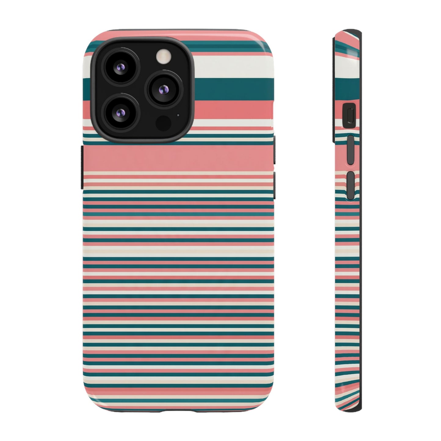 Striped Tough Phone Case — Coral, Teal & White Protective Cover