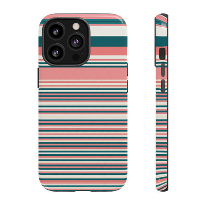 Striped Tough Phone Case — Coral, Teal & White Protective Cover