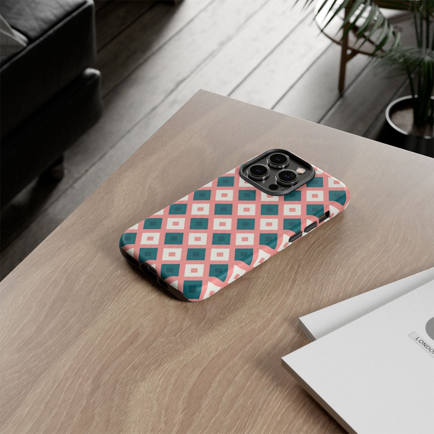 Geometric Diamond Pattern Tough Phone Case — Pink & Teal Protective Cover