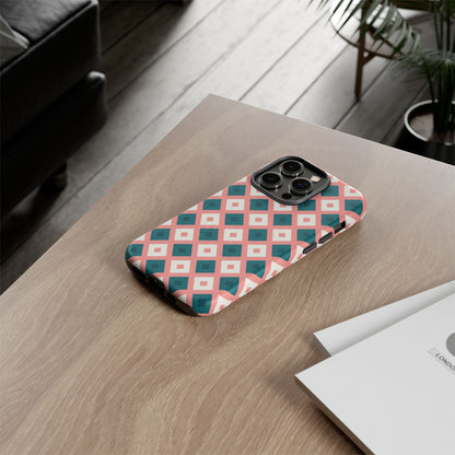 Geometric Diamond Pattern Tough Phone Case — Pink & Teal Protective Cover