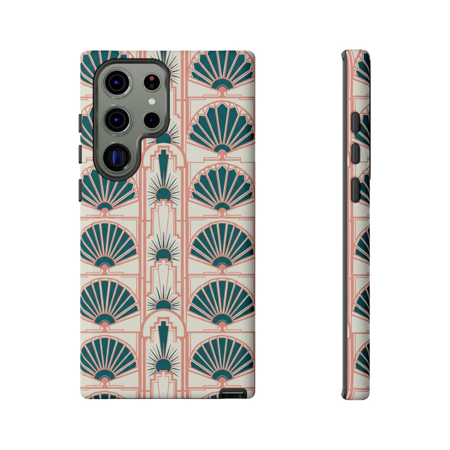 Art Deco Fan Pattern Tough Phone Case — Teal & Blush Retro Protection