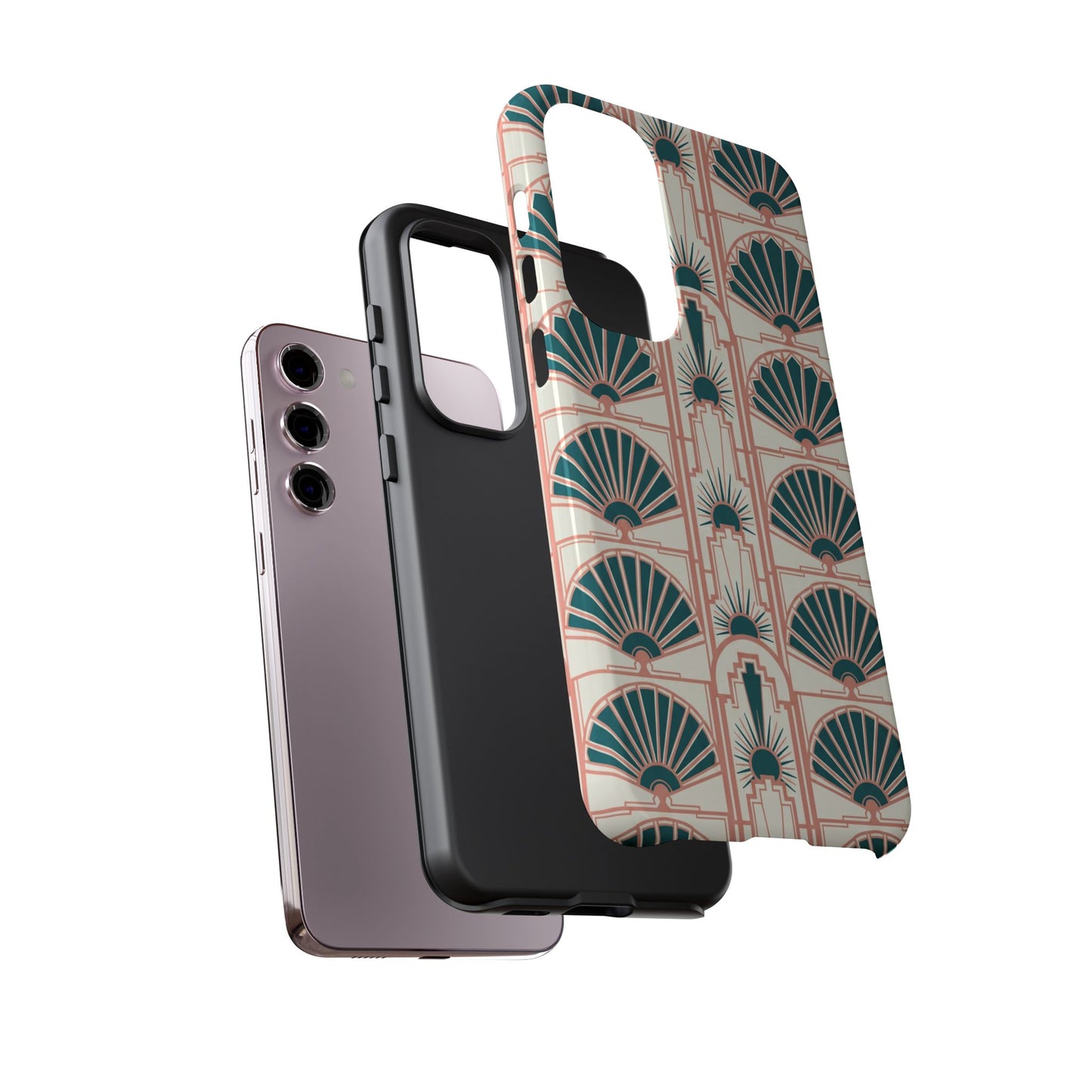 Art Deco Fan Pattern Tough Phone Case — Teal & Blush Retro Protection