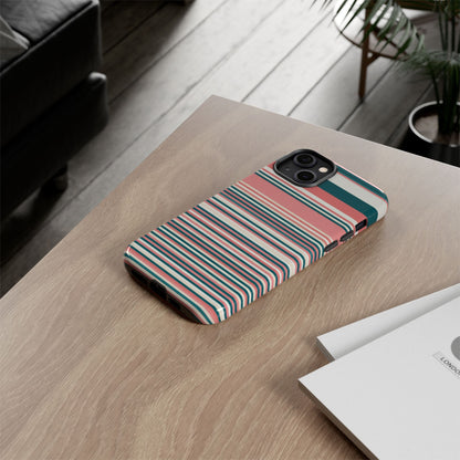 Striped Tough Phone Case — Coral, Teal & White Protective Cover