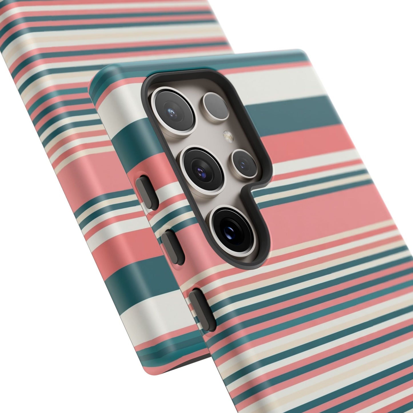 Striped Tough Phone Case — Coral, Teal & White Protective Cover