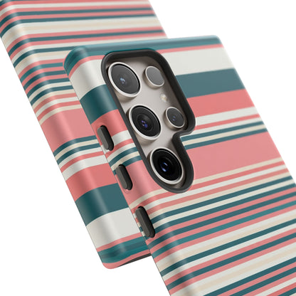 Striped Tough Phone Case — Coral, Teal & White Protective Cover