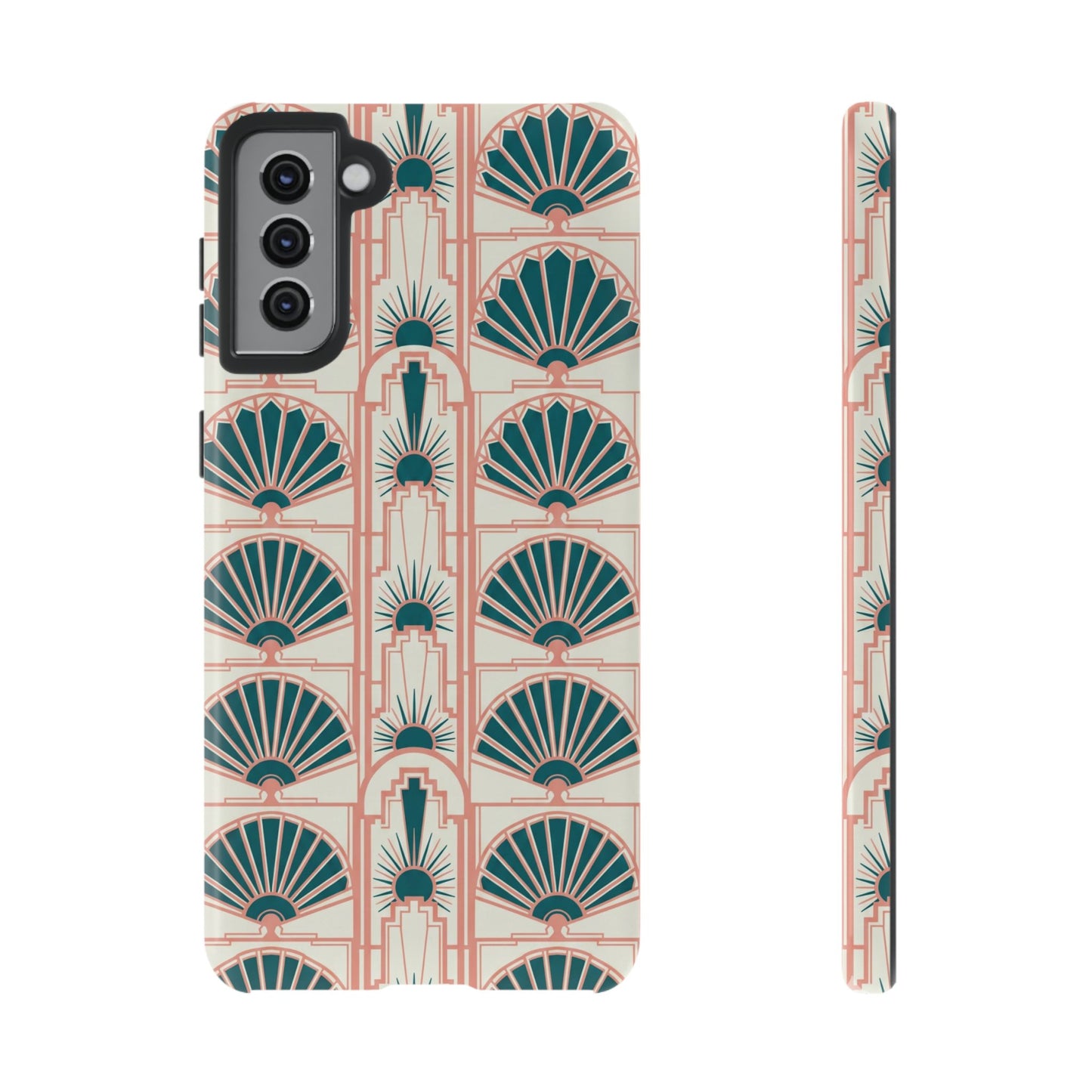 Art Deco Fan Pattern Tough Phone Case — Teal & Blush Retro Protection