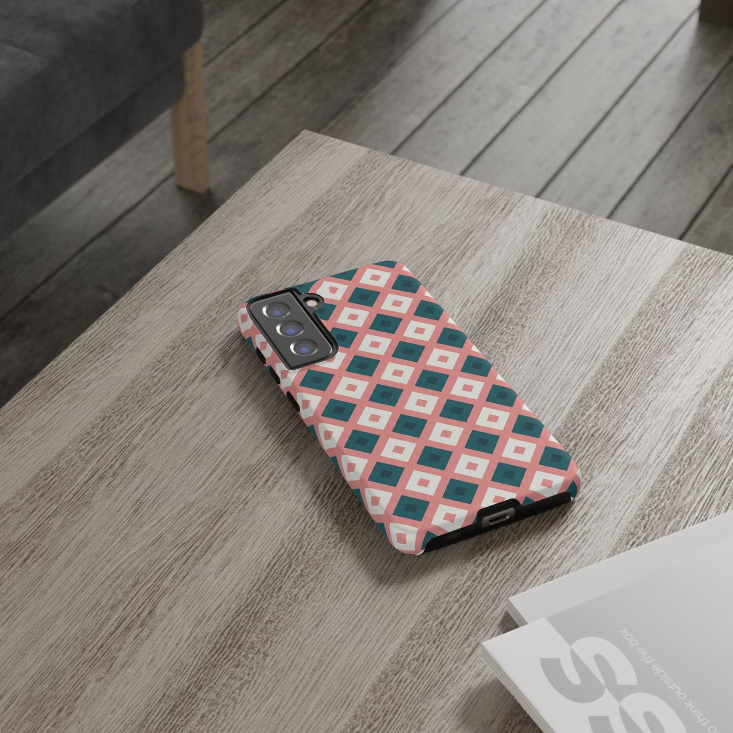 Geometric Diamond Pattern Tough Phone Case — Retro Pink & Teal Protective Cover