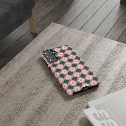 Geometric Diamond Pattern Tough Phone Case — Retro Pink & Teal Protective Cover