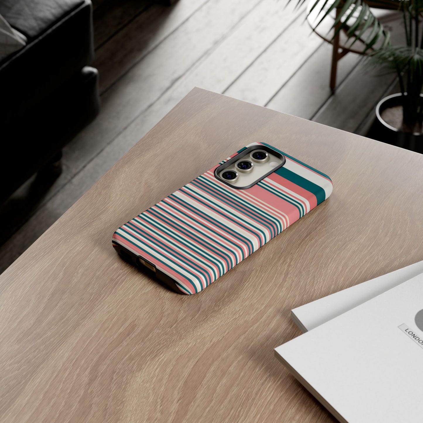 Striped Tough Phone Case — Coral, Teal & White Protective Cover