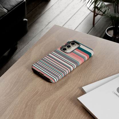 Striped Tough Phone Case — Coral, Teal & White Protective Cover