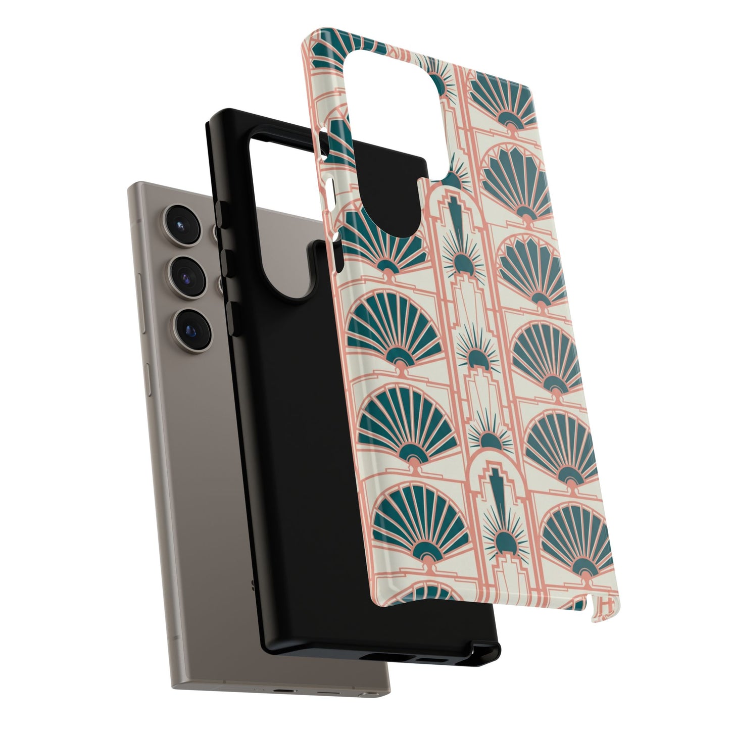 Art Deco Fan Pattern Tough Phone Case — Teal & Blush Retro Protection