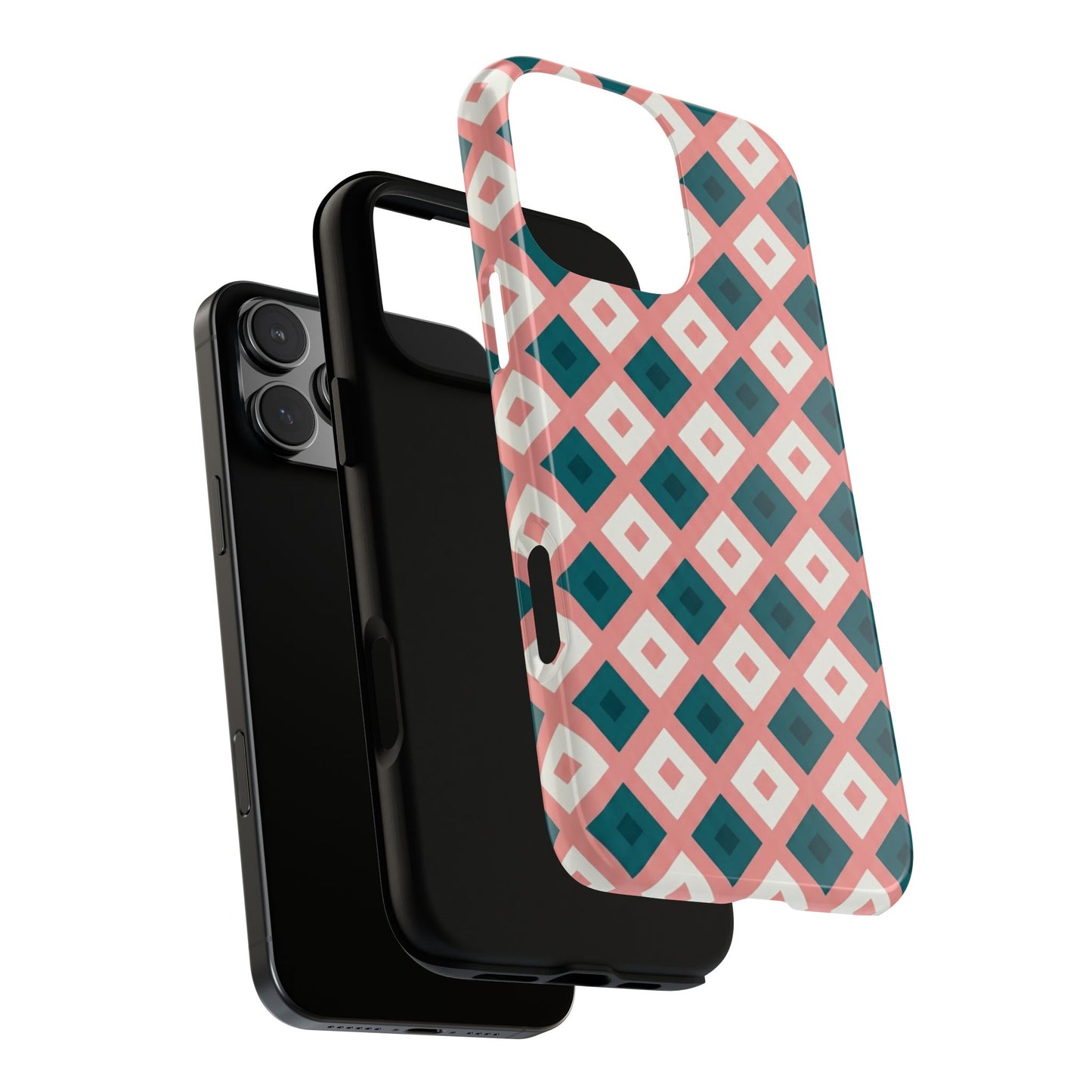Geometric Diamond Pattern Tough Phone Case — Pink & Teal Protective Cover