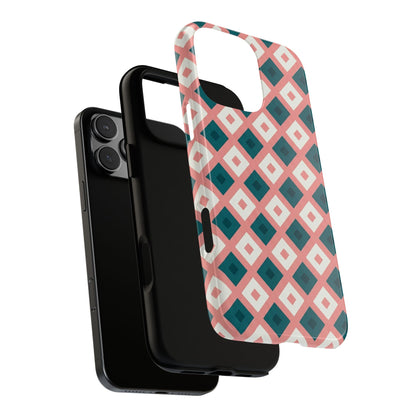 Geometric Diamond Pattern Tough Phone Case — Pink & Teal Protective Cover