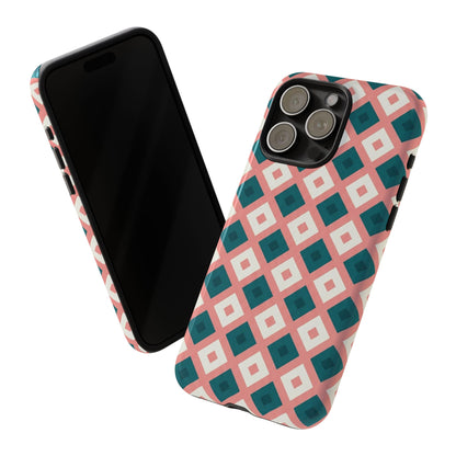 Geometric Diamond Pattern Tough Phone Case — Pink & Teal Protective Cover