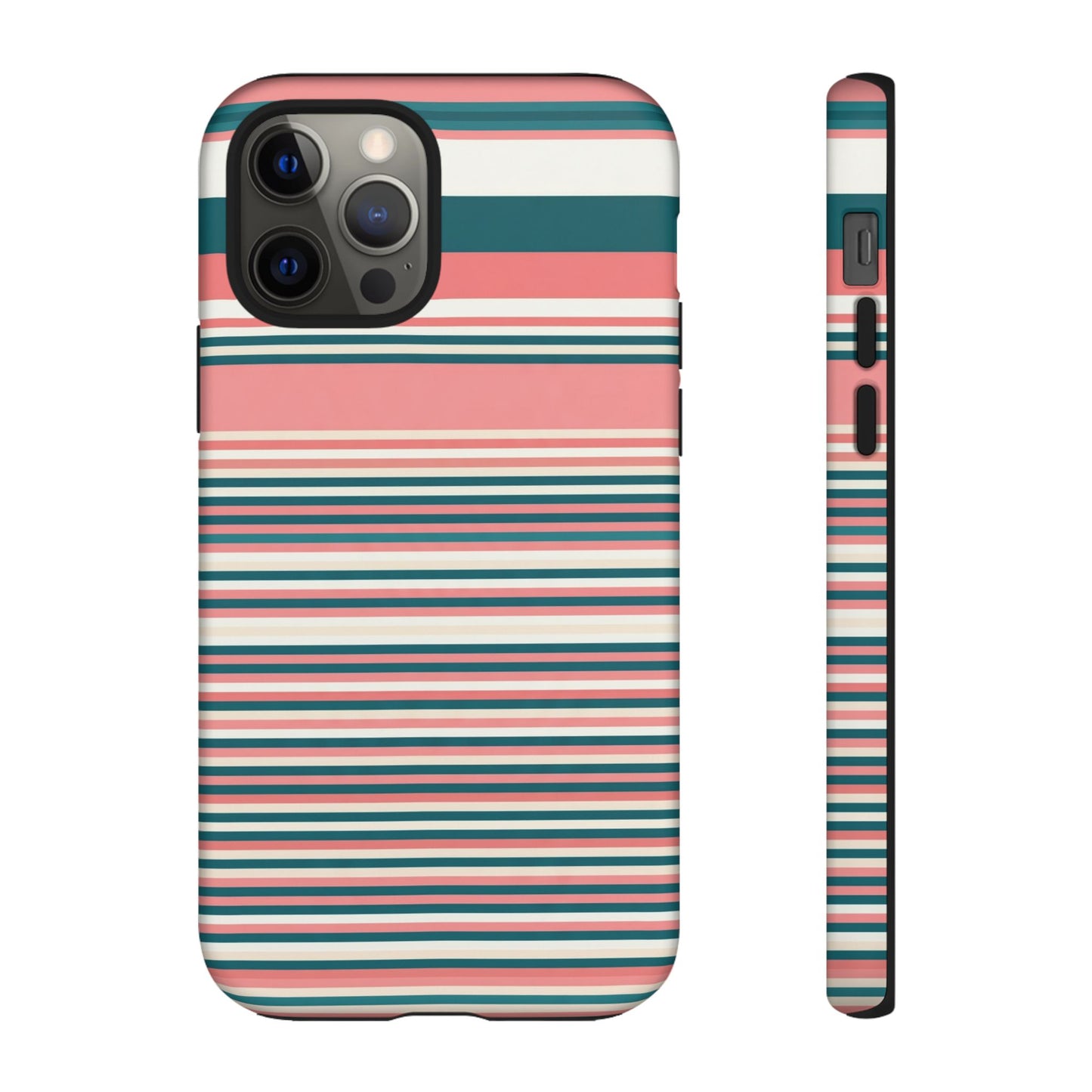 Striped Tough Phone Case — Coral, Teal & White Protective Cover